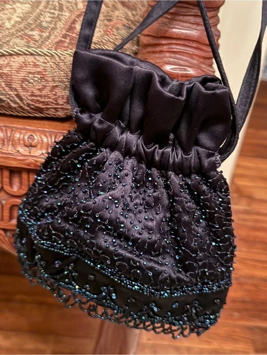 Black Drawstring Evening Pouch with sparkling black beading, Unbranded. 8” X 7”