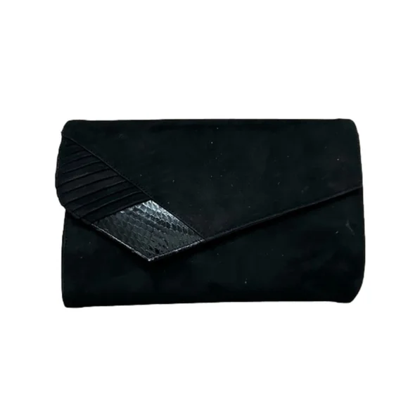 Vintage 80's Black Velvet Clutch Envelope Purse Faux Snake Skin Accent w/Strap