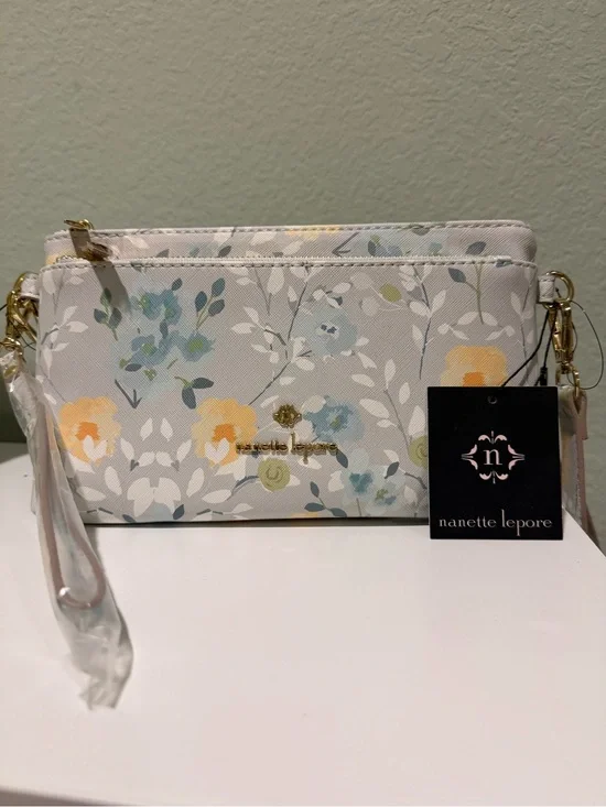 Nanette Lepore Floral Wristlet Clutch in Light Gray with Yellow & Blue Blooms