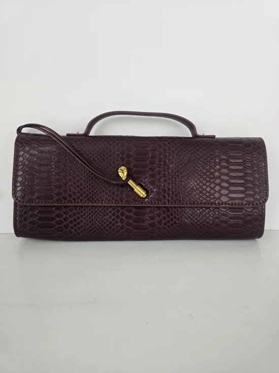 Elegant Burgundy Python-Embossed Top-Handle Bag