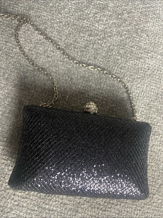 Black Glitter Evening Clutch with Silver Chain