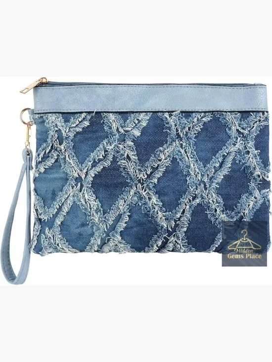 Distressed Denim Evening Purse Pu Leather Clutch Handbag Wristlet Bag