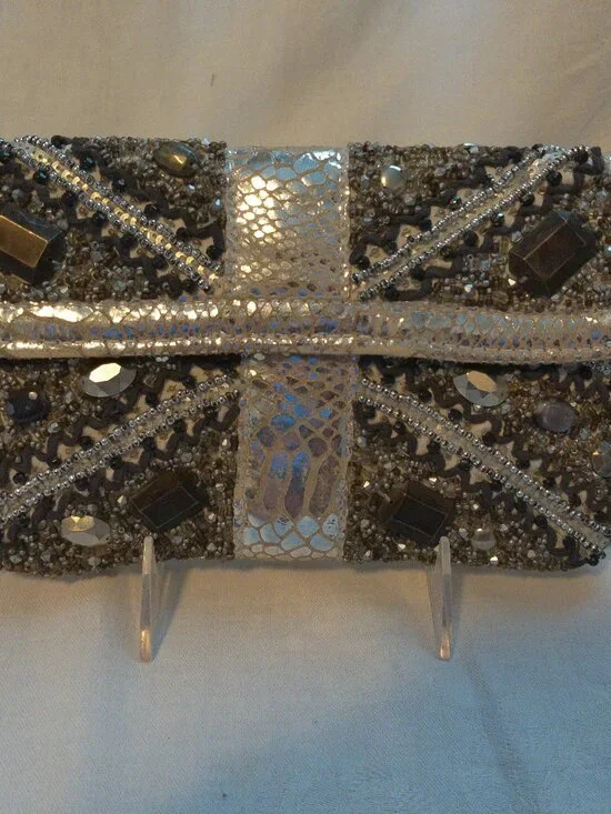 Mary Frances Grey Silver Black Beaded Evening Bag Purse VGUC