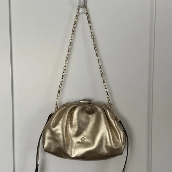 Michael Kors Nola Metallic Gold Leather Gathered Crossbody Clutch Bag SM READ**