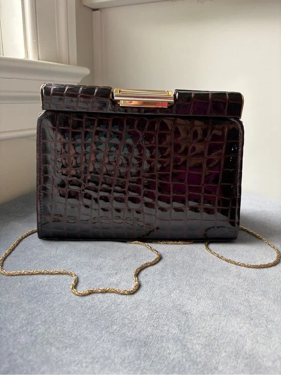 Y & S Patent Leather Croc-Embossed Chain Shoulder Bag in Deep Bordeaux