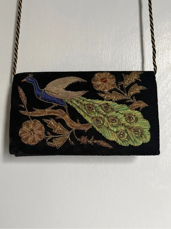 Peacock vintage Embroidered Black Velvet Evening Clutch