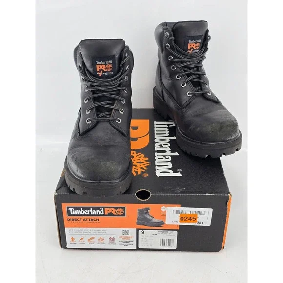Timberland PRO Direct Attach Work Boots Mens 9 Black Leather Soft Toe -Good