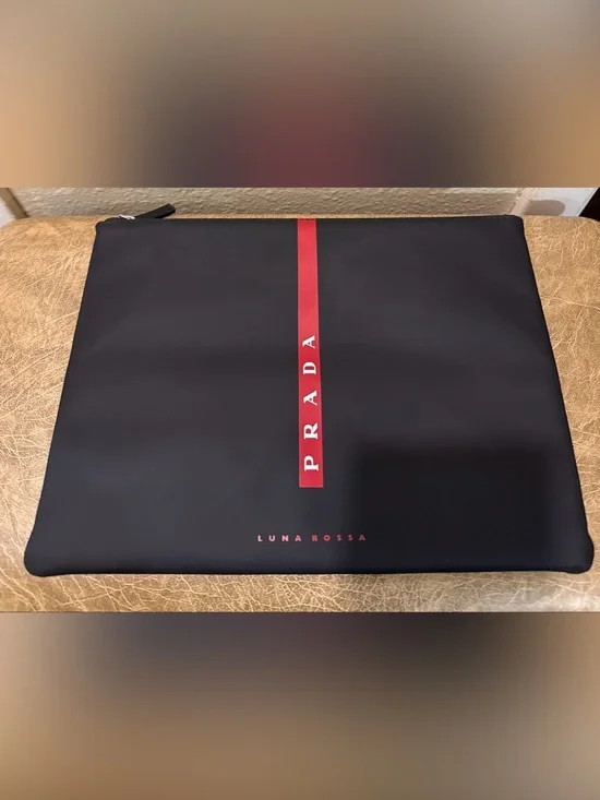 Prada Black Pouch with Red Vertical PRADA Stripe