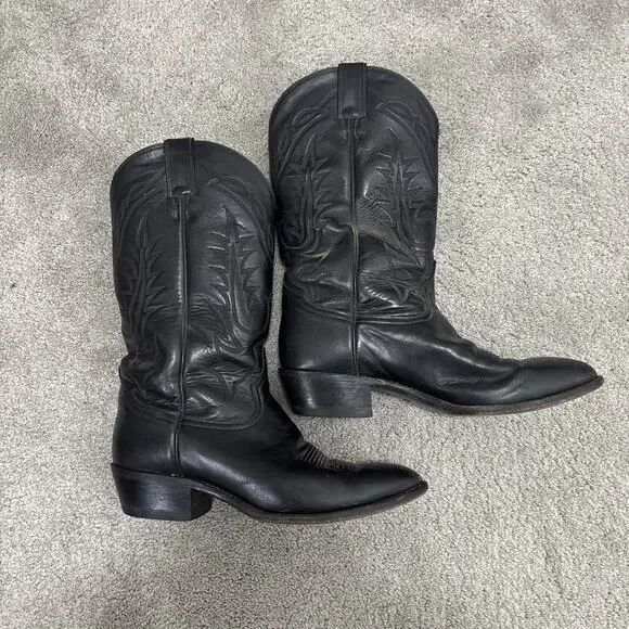 Vintage Men Tony Lama Pointed Toe Black Leather Cowboy Western Boots Size 10.5 D