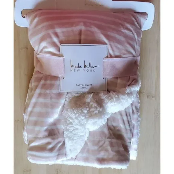 New‎ Girls Nicole Miller Pink White Micro Mink Stripe Sherpa Baby Blanket