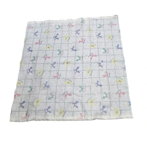 Vintage Rocking Horse Baby Blanket Pastel Grid Cottagecore Made in‎ USA RN 62027