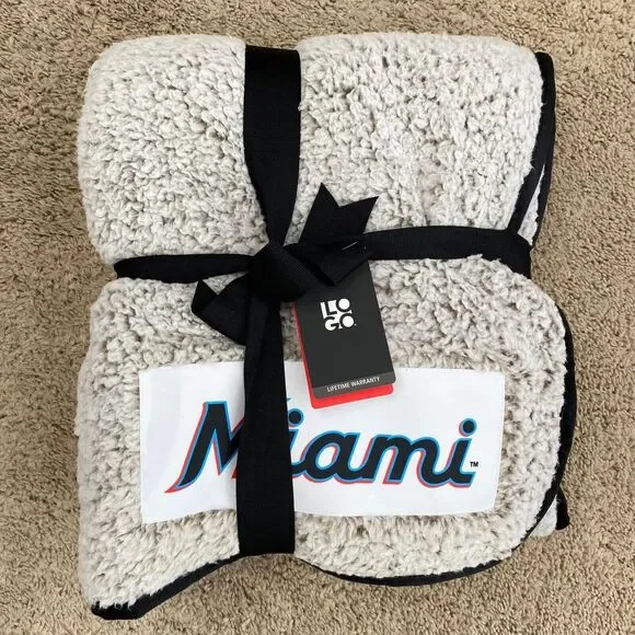 Miami Marlins Frosty Fleece Sherpa Blanket 50'' x 60'' Gray Stitched Fabric‎ New