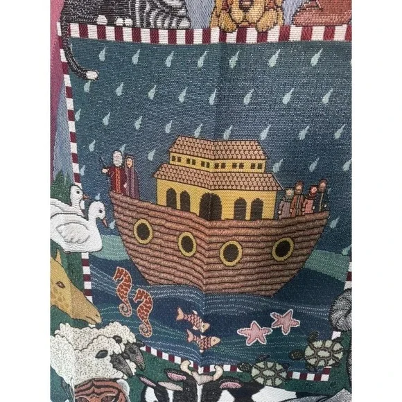 Vintage Folkart‎ American Weavers Noah's Ark Tapestry Throw Blanket Americana