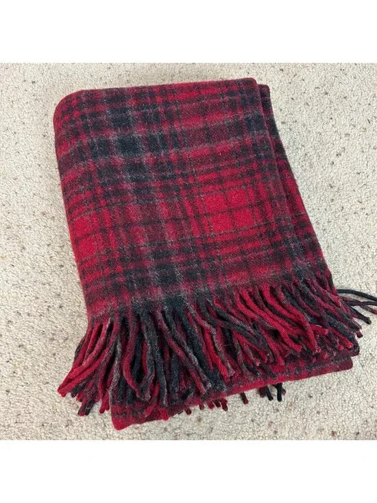 Vintage Pendleton 100% Virgin Wool Fringe Throw Blanket Red Plaid