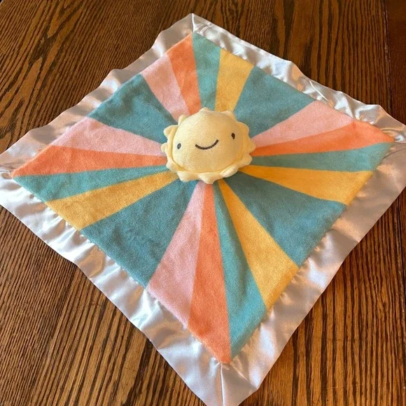 Cloud‎ Island Sun Lovey Security Blanket Silver Satin Trim & Back Happy Soft