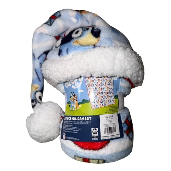 Bluey 2 Piece Holiday Set‎ Travel Throw Blanket and Santa Hat Christmas New