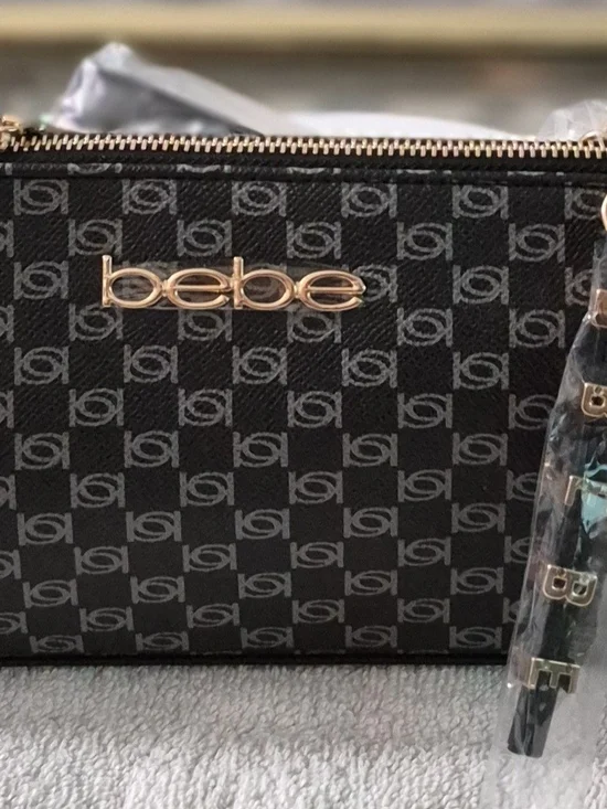 bebe Black Logo Print Crossbody Bag with Gold Hardware