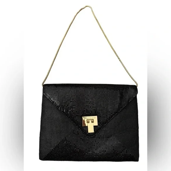 H by Halston Black Mesh Envelope Evening Bag with Gold Chain