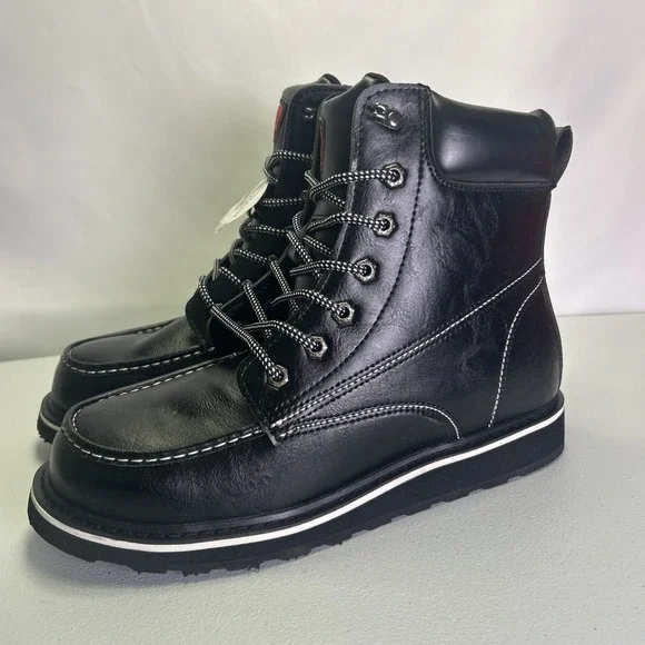 ANGRYRAM Men's Steel Toe Work Boots Size 10 Black Moc Toe Wedge Sole NWB