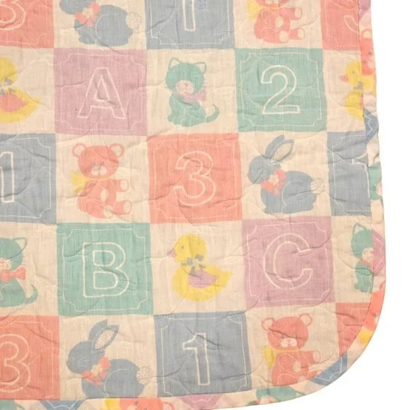 Vintage 80s‎ Baby Quilt Pastel Blocks Number Letter 123 ABC Bear Bunny Duck Cat