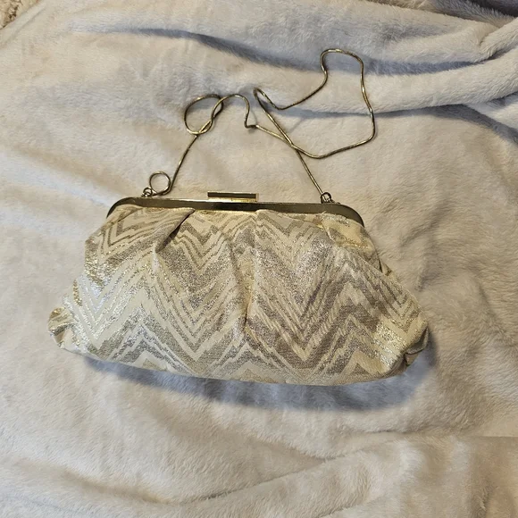 Trina Turk Metallic Gold Chevron Vintage Style Evening Bag Clutch With Chain