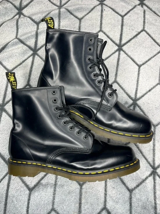 Dr. Martens Black Smooth Leather Lace Up 8-Eye Boots w Yellow Stitching