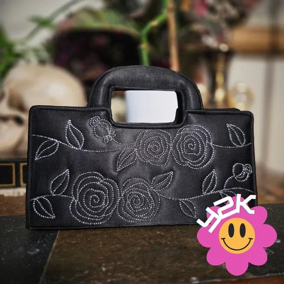 Vintage Y2K Black Satin Evening Bag Silver Rose Embroidery Mirror Clutch Handbag