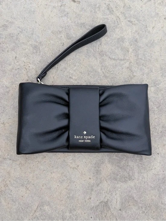 Kate Spade New York Black Leather Bow Wristlet Clutch Purse