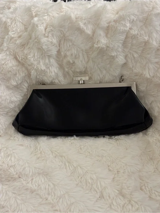 Valerie Stevens Black Patent Kiss Lock Clutch Handbag Acrylic Clasp Silver Chain