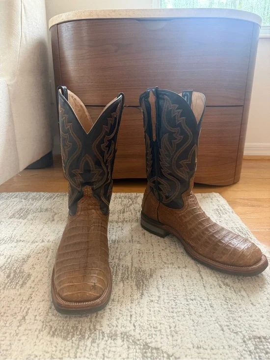 Lucchese Brown Croc-Print Western Cowboy Boots with Black Embroidered Shaft