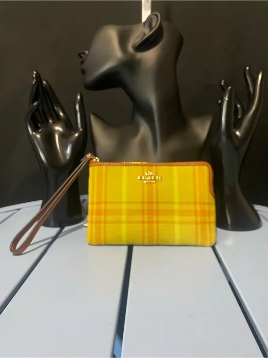 NWT Coach Yellow Plaid Wristlet Wallet