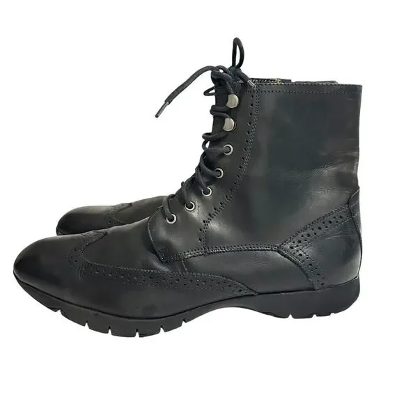 Hush Puppies Mens Black Leather Wingtip Combat Boots Vibram Sole Size 13 H103421