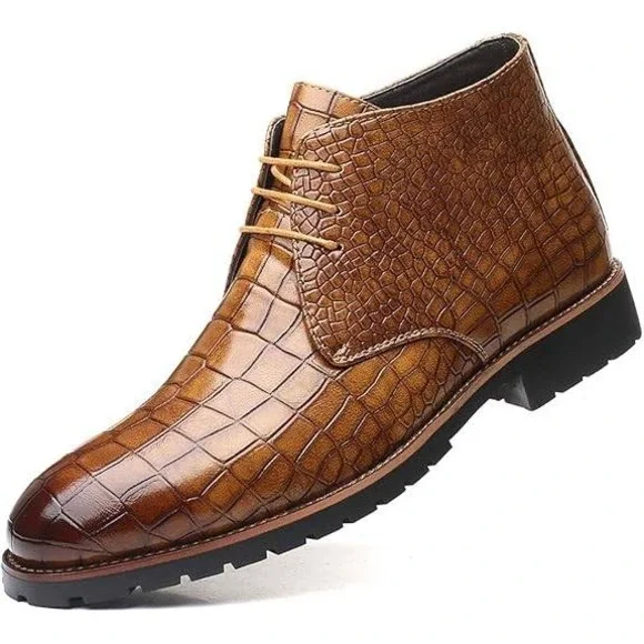 Santimon‎ Men's US 8.5 Tan Embossed Lace Up Pointed Toe Ankle Casual Boots