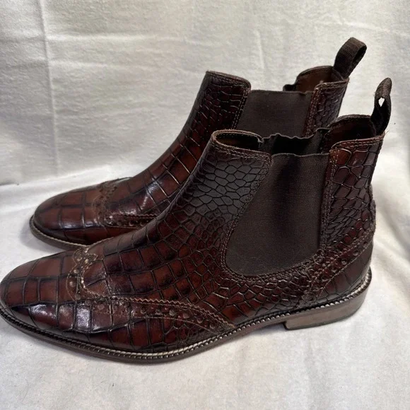 Stacy‎ Adams Leather Tooled Croc Men's Ankle Dress Boots Burgundy Brown Sz 9.5 M
