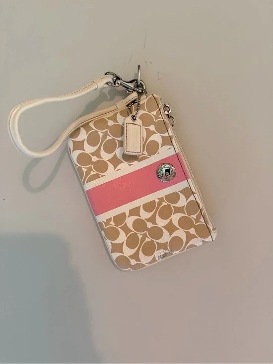 Coach Beige Signature Canvas Wristlet with Pink Stripe