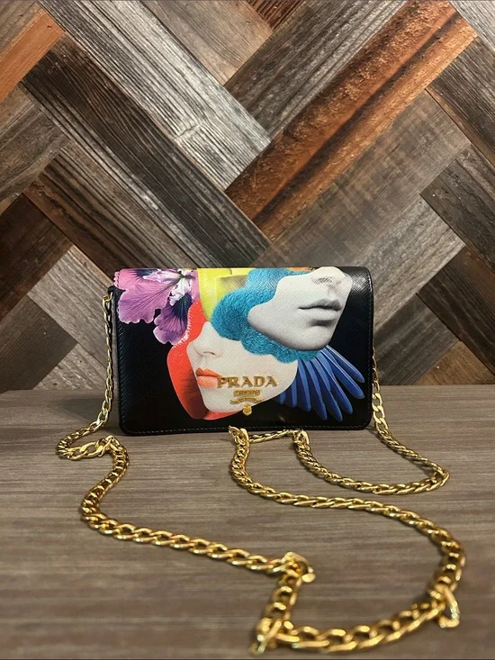 Prada Black Saffiano Printed Faces Leather Chain Clutch