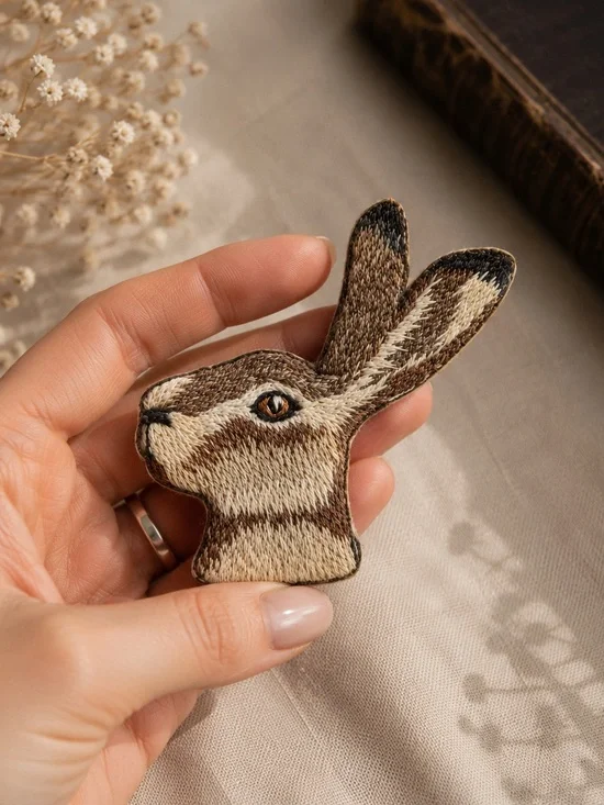 Handmade Embroidered Hare Brooch Woodland Artisan Pin