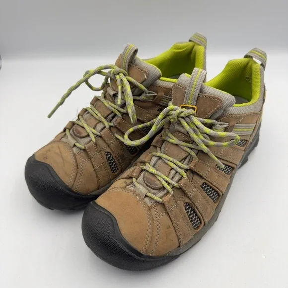 Keen Voyageur Hiking Shoes Brown Lime Green Leather Mesh Men 8 Women 9.5 EU 40.5