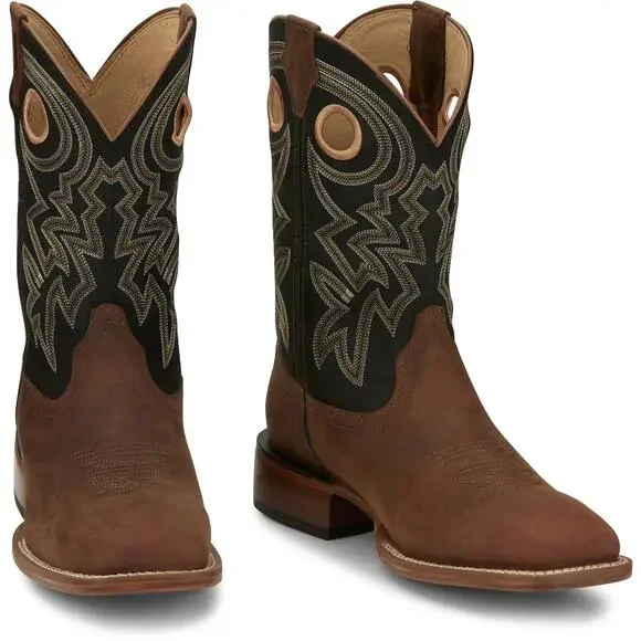 NEW‎ Justin Frontier Tuf Brown Black Wide Square Toe Cowboy Boots Western Ranch
