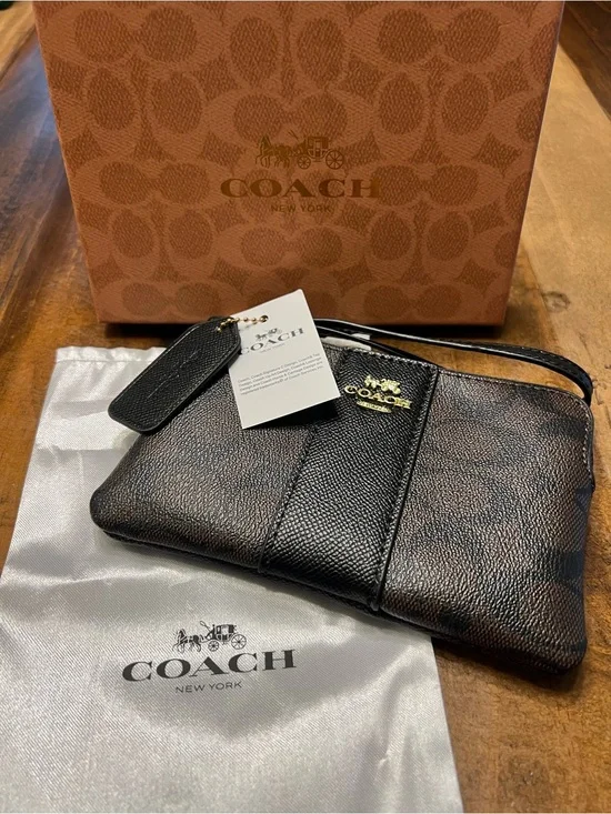 Coach Black and Brown Signature Wristlet with Gold Hardware