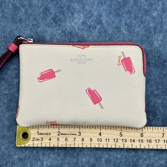 Coach Corner Zip Wristlet Chalk Pink Popsicle Print Leather Wallet C4555