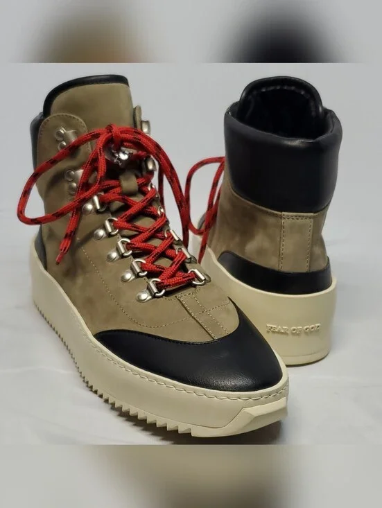 Fear of God Men's Ankle Hiking Boots Leather Lace-Up Olive-Beige/Black/Red US 42