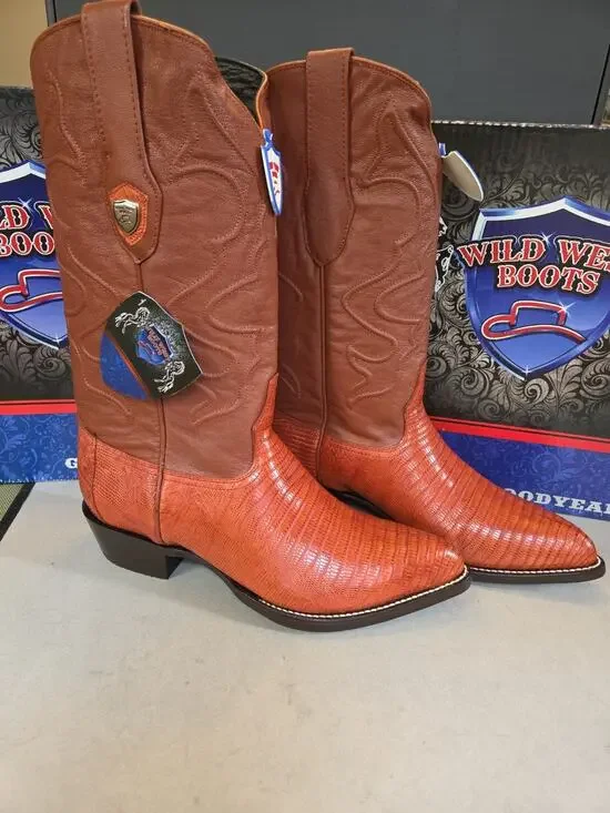 WILD WEST COGNAC 3X-TOE GENUINE TEJU LIZARD WESTERN COWBOY BOOT 11.5 (EE)