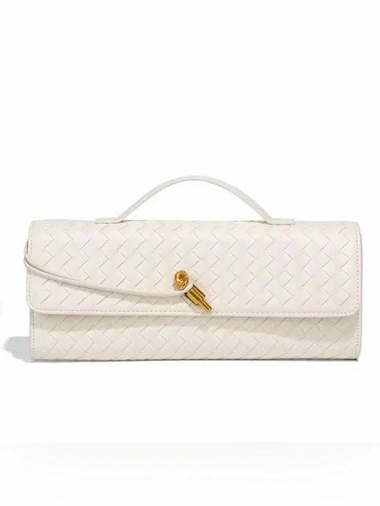 Woven Leather Top-Handle Clutch - beige with Gold Accent