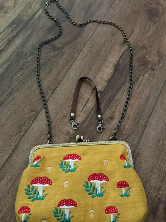 Source Unknown Mustard Yellow Embroidered Mushroom Clutch with Removable Chain