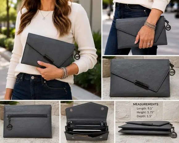 Authentic Xuan Dong Designer Gray Leather Asymmetrical Envelope Clutch Wallet