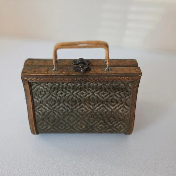 Vintage 70s Woven Wood Trinket Box Handbag Small Brown Boho Style