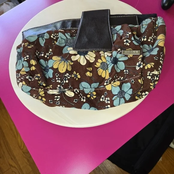 Brown Floral Handbag with Blue and Yellow Accents