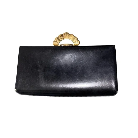 Vintage Black Leather Clutch Bag Gold Fan Clasp Evening Bag Purse Art Deco Style