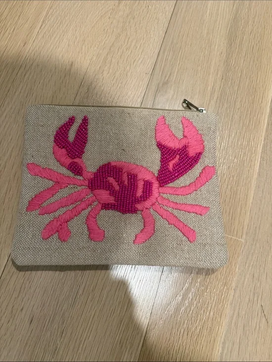 Pink Crab Embroidered Linen Zip Pouch